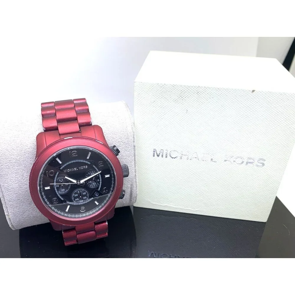 Michael Kors Mens Watch MK9148 Runway Quartz Black Dial Red Stainless Steel 45mm